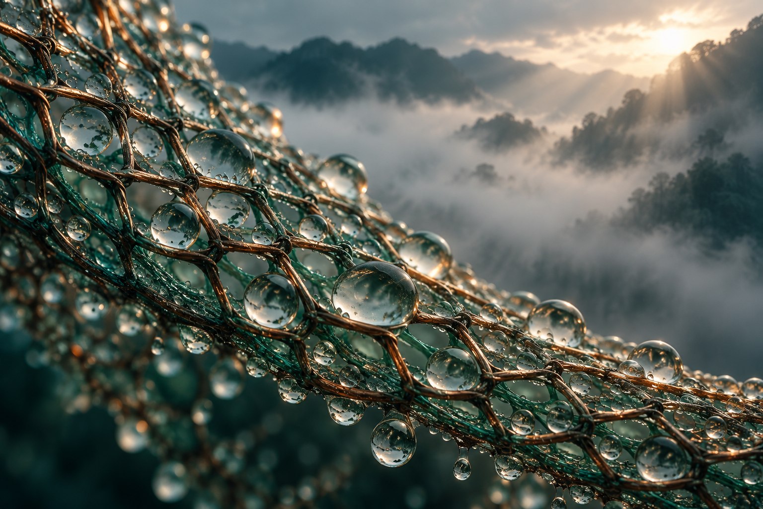 Concept close-up of fog droplets collected on a fine metal mesh