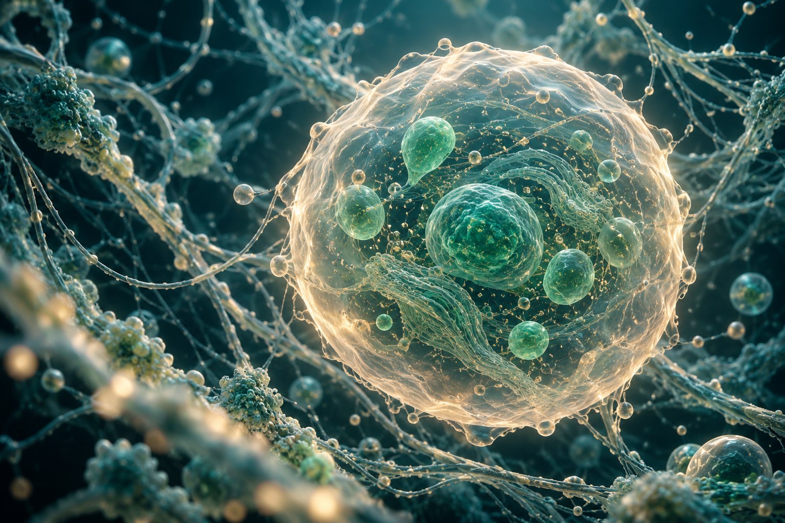 Concept illustration of a translucent cell membrane in a filament environment