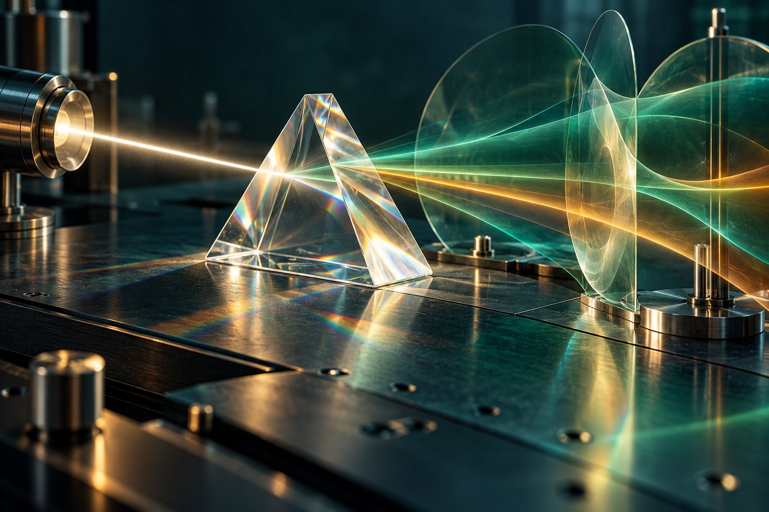 Concept illustration of an optical prism and light interacting with layered glass